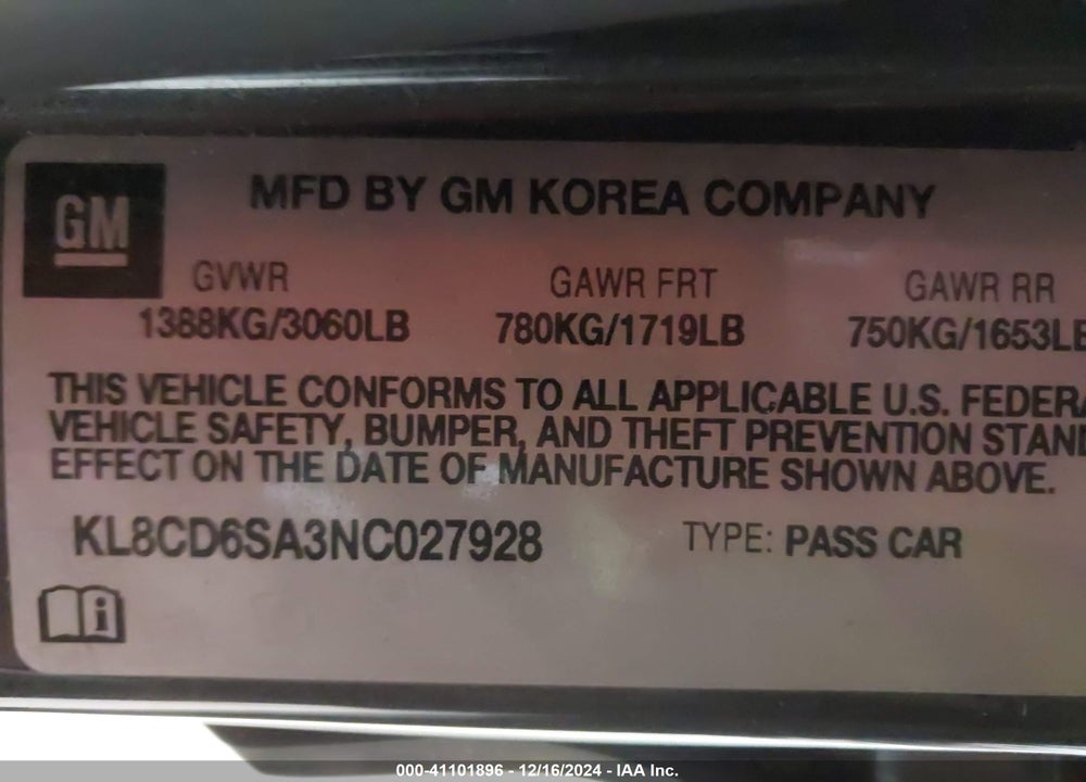 2022 CHEVROLET SPARK VIN: KL8CD6SA3NC027928