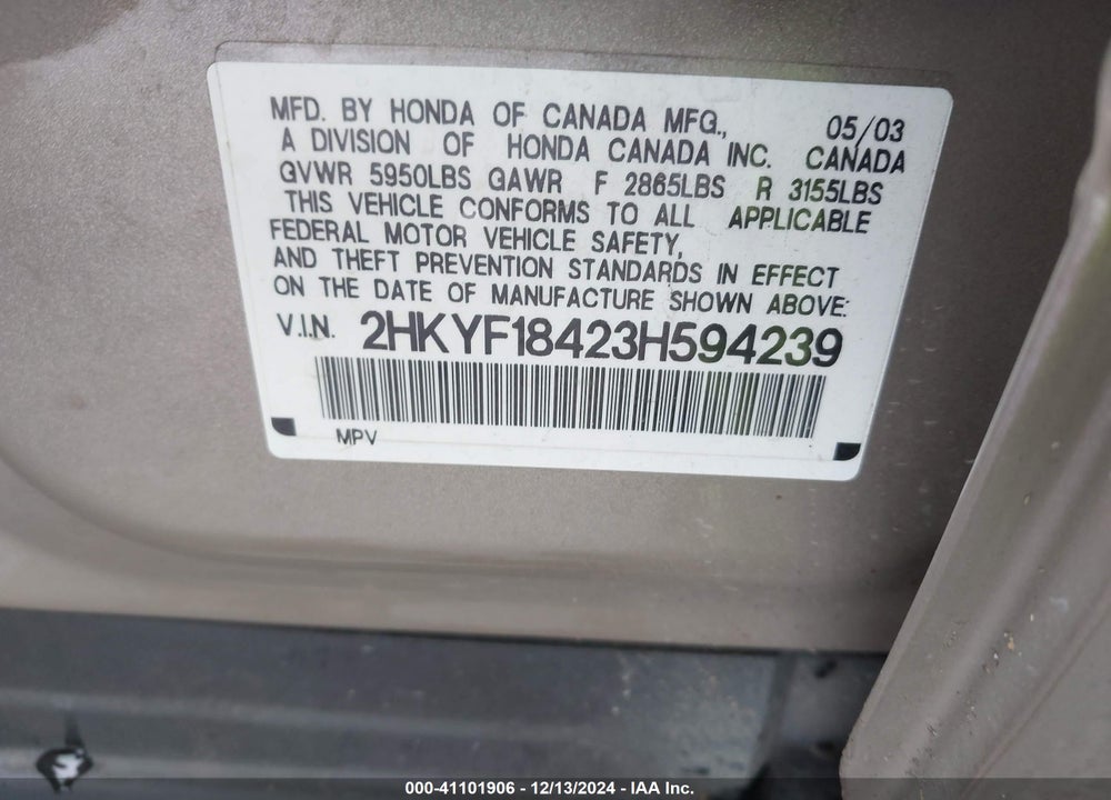 2003 HONDA PILOT EX VIN: 2HKYF18423H594239