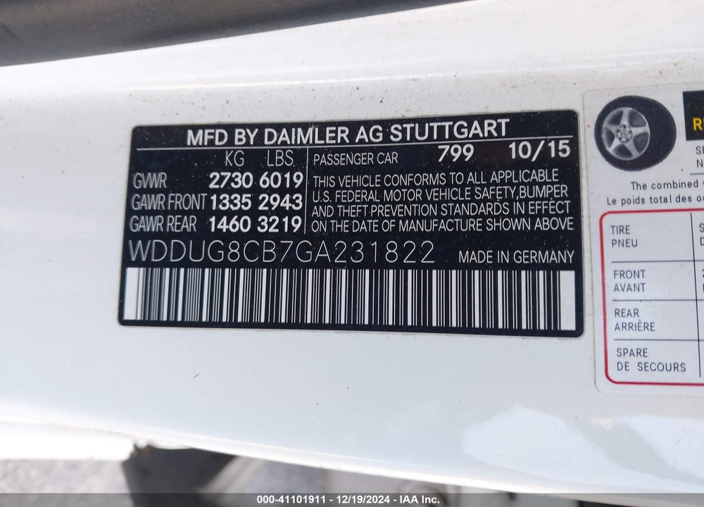 2016 MERCEDES-BENZ S VIN: WDDUG8CB7GA231822