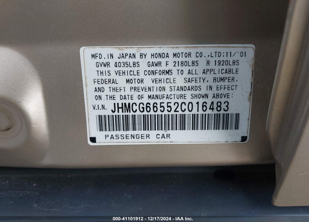 2002 HONDA ACCORD 2.3 LX VIN: JHMCG66552C016483