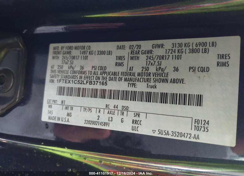 2020 FORD F-150 VIN: 1FTEX1C52LFB37165