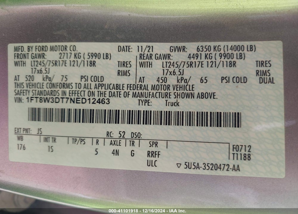 2022 FORD F-350 XL VIN: 1FT8W3DT7NED12463