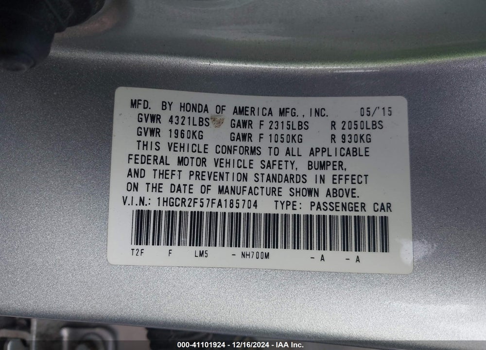 2015 HONDA ACCORD VIN: 1HGCR2F57FA185704