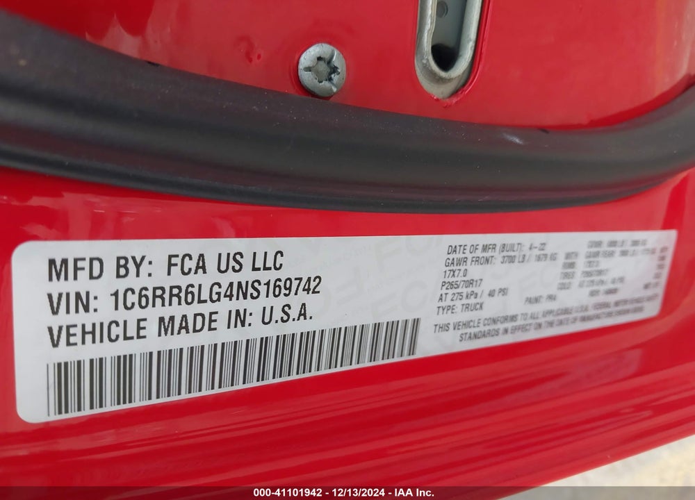 2022 RAM 1500 CLASSIC VIN: 1C6RR6LG4NS169742