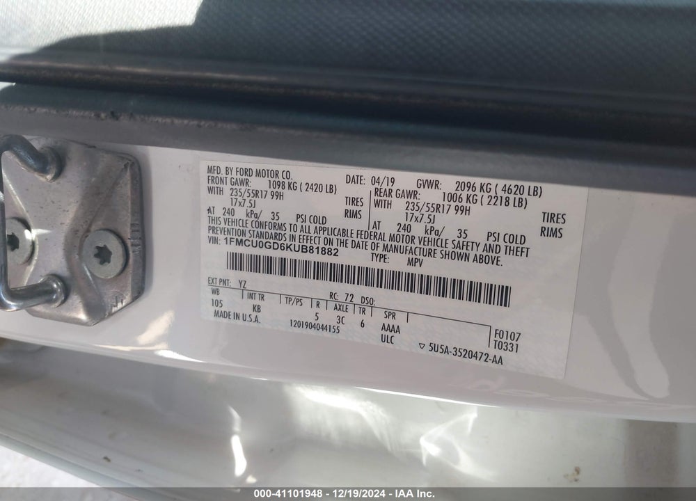 2019 FORD ESCAPE SE VIN: 1FMCU0GD6KUB81882