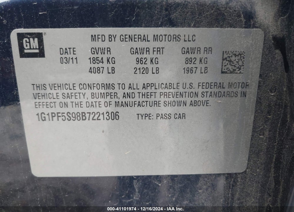2011 CHEVROLET CRUZE VIN: 1G1PF5S98B7221306