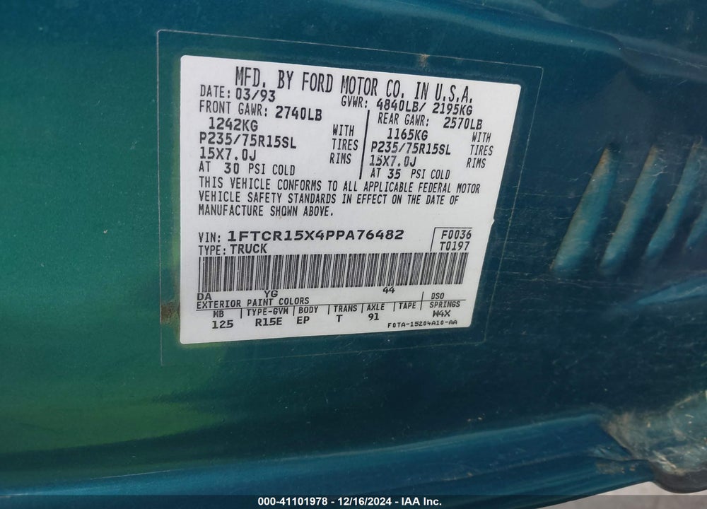 1993 FORD RANGER SUPER CAB VIN: 1FTCR15X4PPA76482