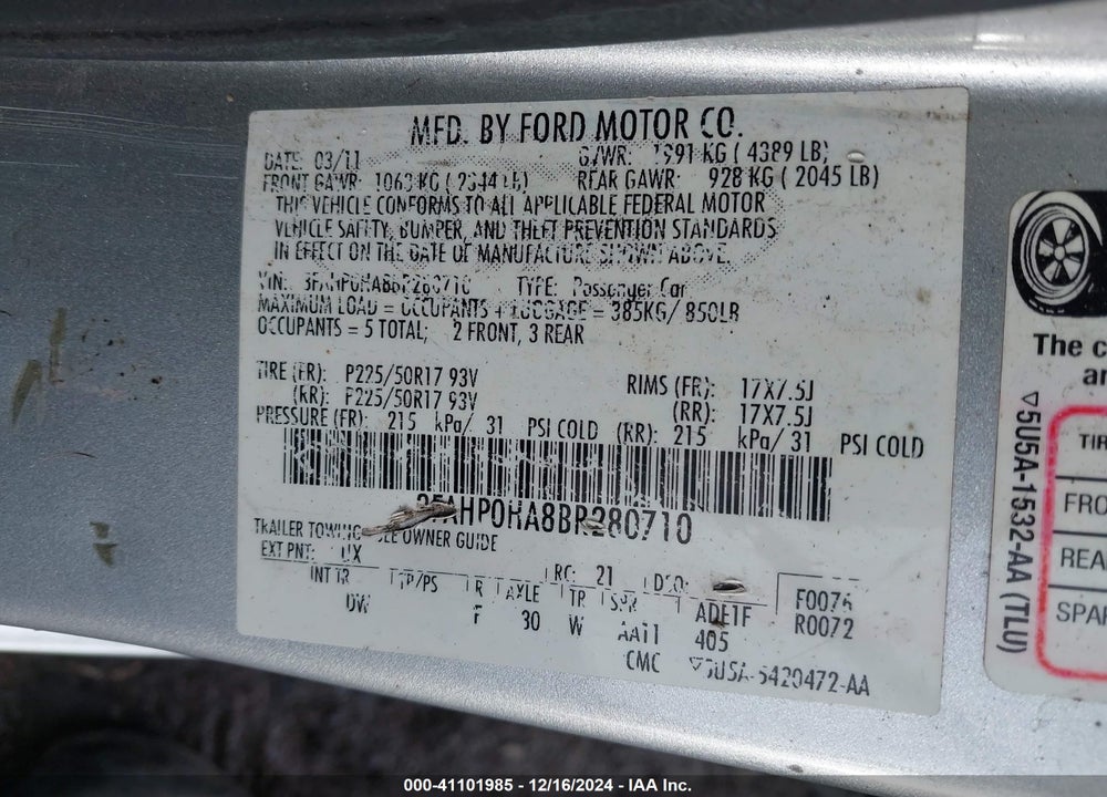 2011 FORD FUSION SE VIN: 3FAHP0HA8BR280710