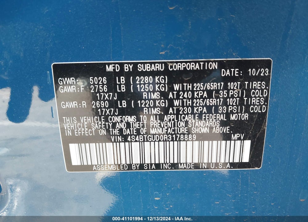 2024 SUBARU OUTBACK WILDERNESS VIN: 4S4BTGUD0R3178889