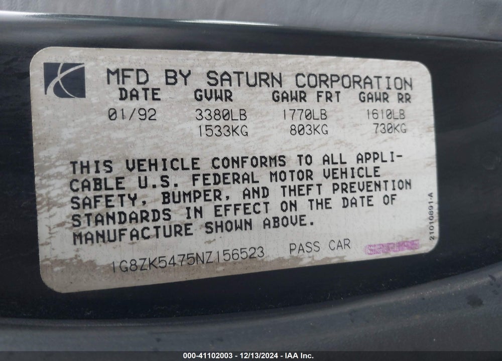 1992 SATURN SL2 VIN: 1G8ZK5475NZ156523
