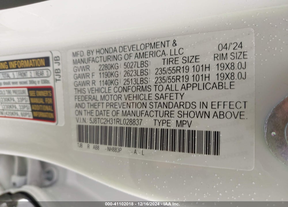 2024 ACURA RDX STANDARD VIN: 5J8TC2H31RL028837