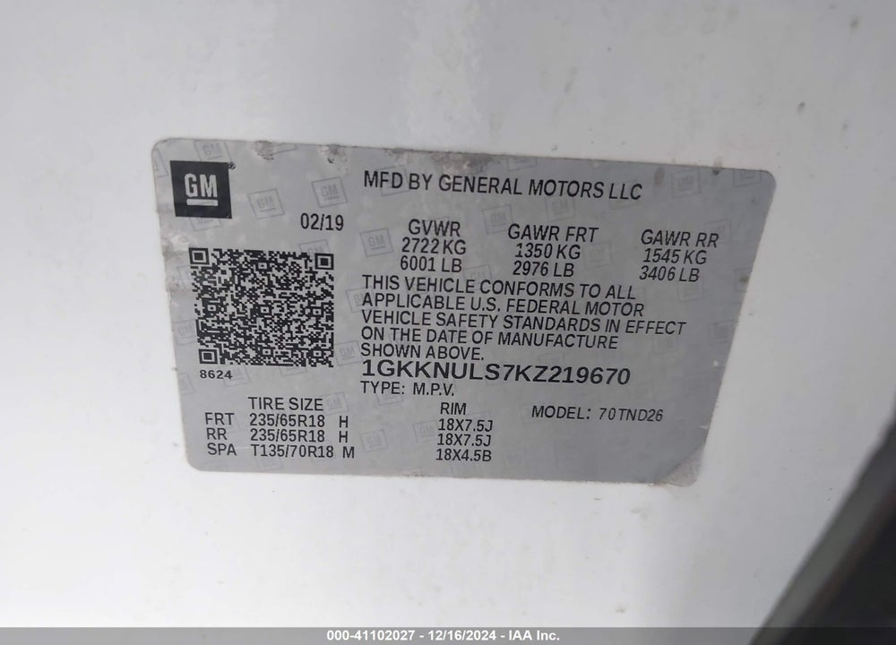 2019 GMC ACADIA SLT-1 VIN: 1GKKNULS7KZ219670