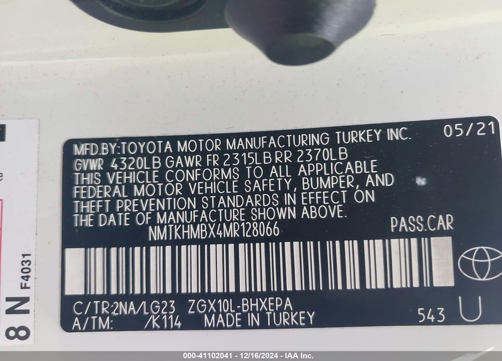 2021 TOYOTA C-HR LIMITED VIN: NMTKHMBX4MR128066