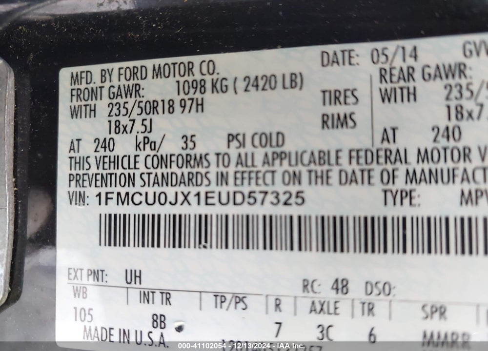 2014 FORD ESCAPE TITANIUM VIN: 1FMCU0JX1EUD57325
