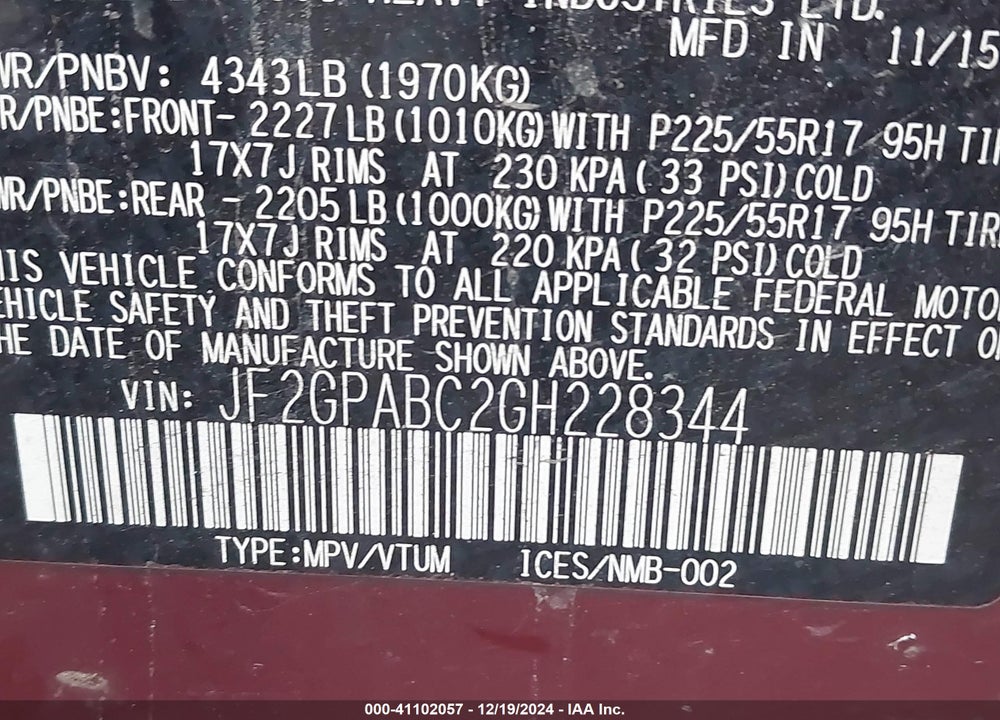 2016 SUBARU CROSSTREK 2.0I PREMIUM VIN: JF2GPABC2GH228344