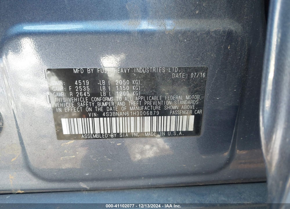 2017 SUBARU LEGACY VIN: 4S3BNAN61H3006879