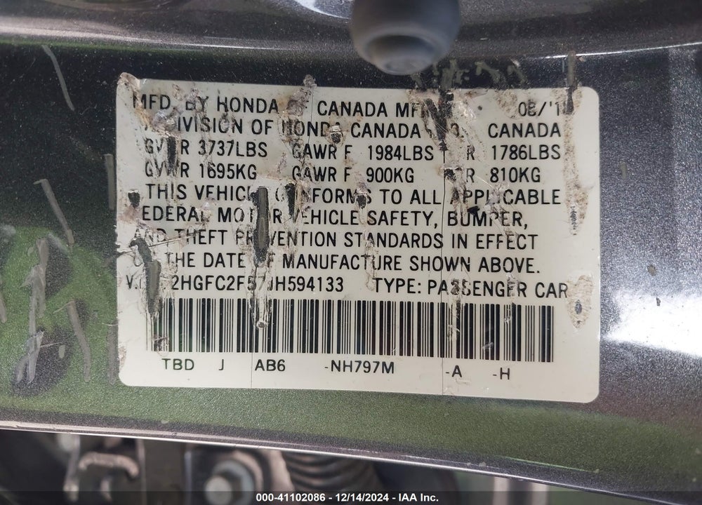 2018 HONDA CIVIC LX VIN: 2HGFC2F57JH594133