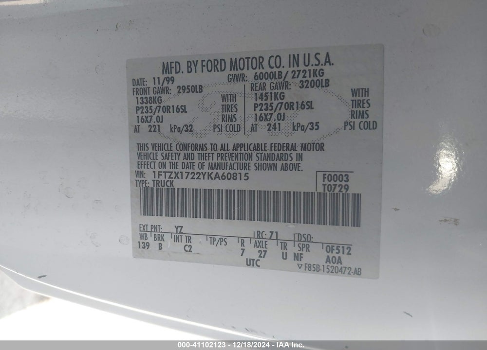 2000 FORD F-150 WORK SERIES/XL/XLT VIN: 1FTZX1722YKA60815