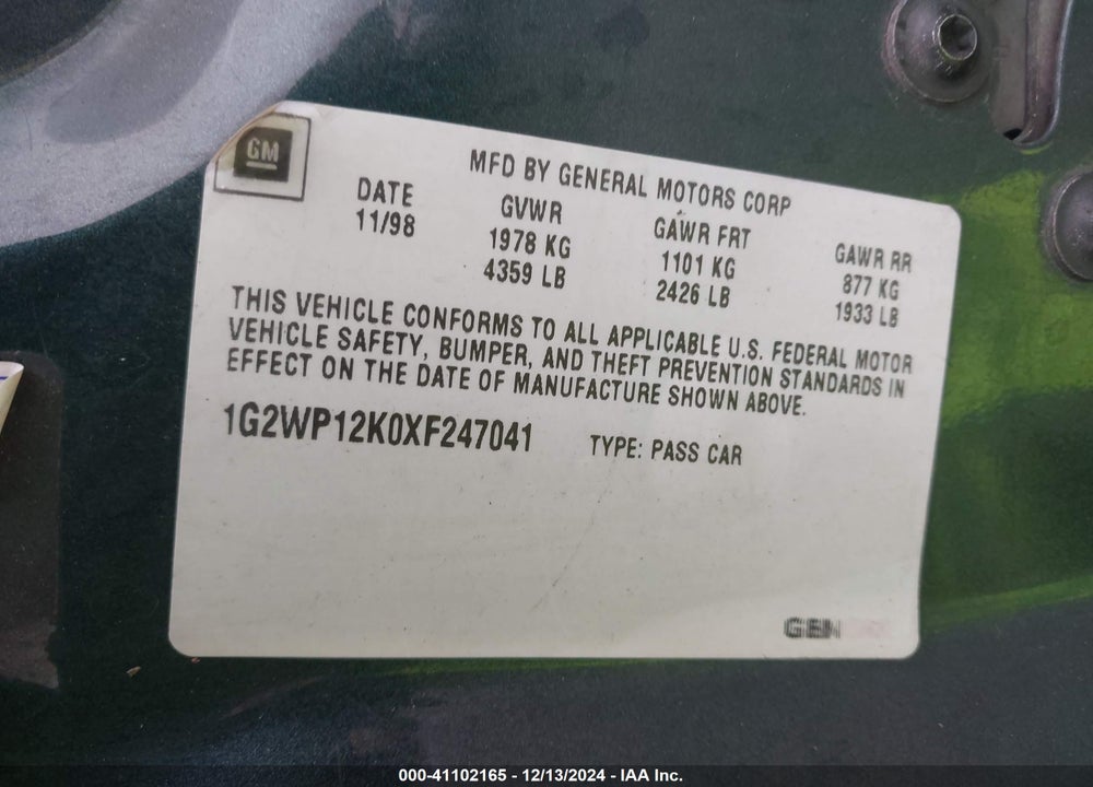 1999 PONTIAC GRAND PRIX GT VIN: 1G2WP12K0XF247041