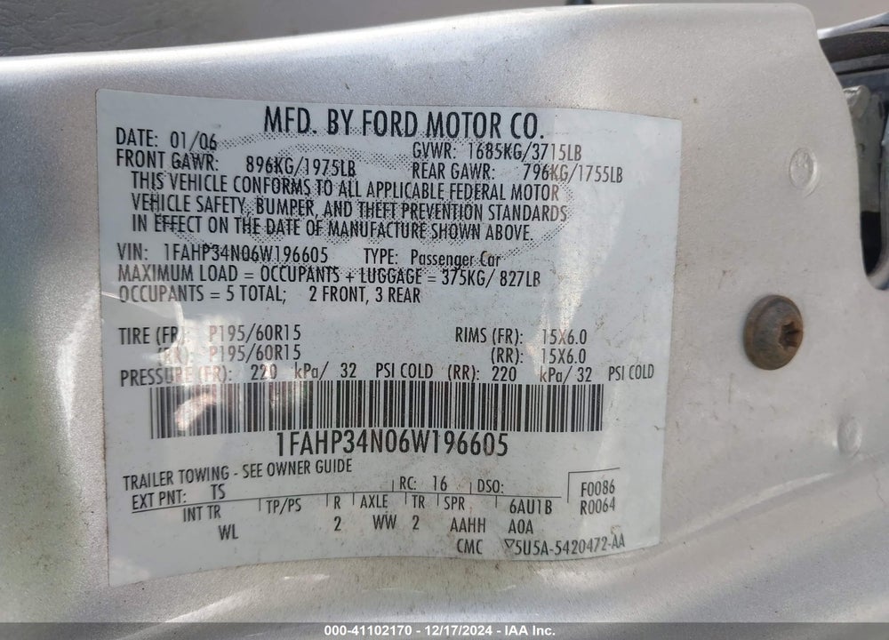 2006 FORD FOCUS ZX4 VIN: 1FAHP34N06W196605