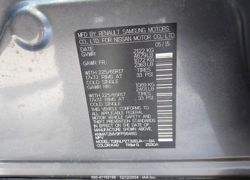 2015 NISSAN ROGUE S VIN: KNMAT2MV9FP564811
