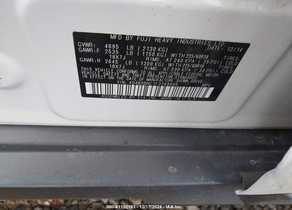 2015 SUBARU OUTBACK 2.5I LIMITED VIN: 4S4BSBNC1F3268866