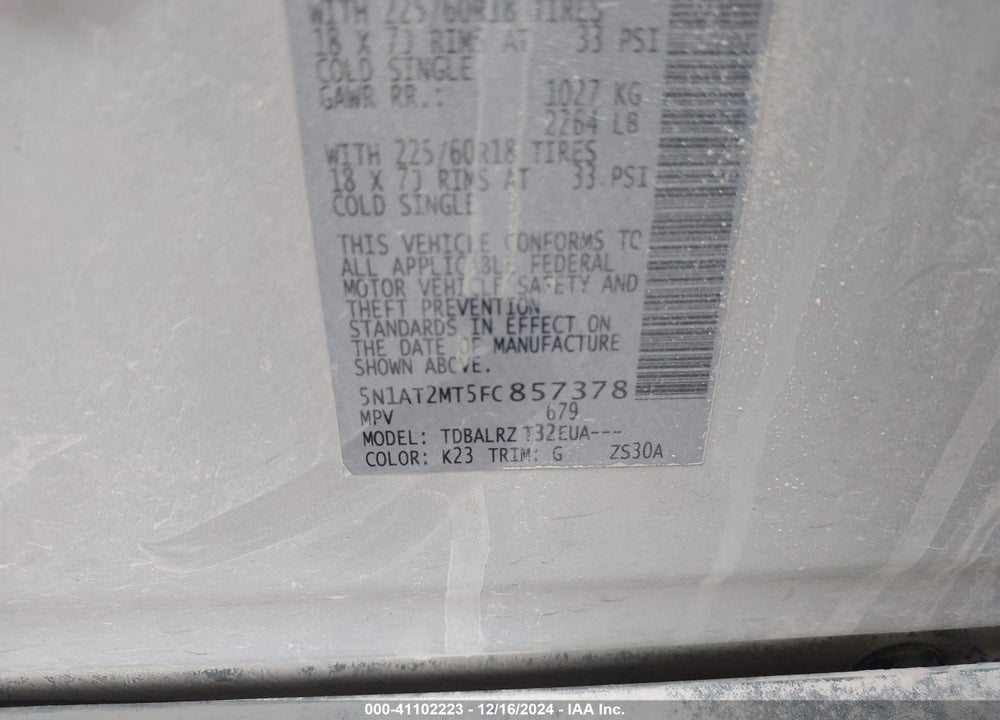 2015 NISSAN ROGUE VIN: 5N1AT2MT5FC857378