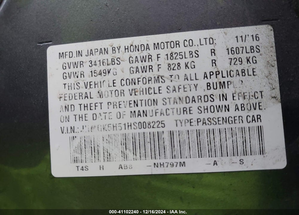 2017 HONDA FIT LX VIN: JHMGK5H51HS008225