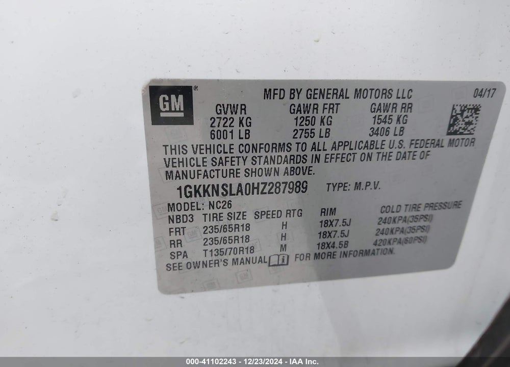 2017 GMC ACADIA VIN: 1GKKNSLA0HZ287989