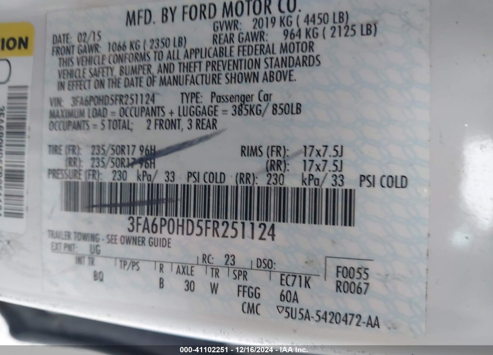 2015 FORD FUSION SE VIN: 3FA6P0HD5FR251124