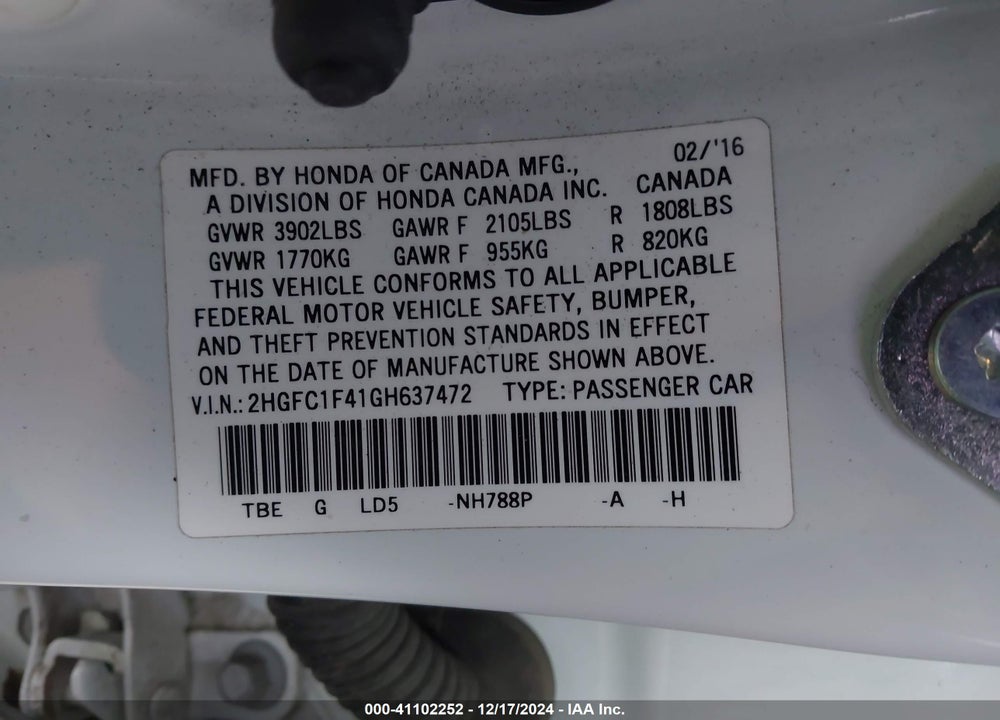 2016 HONDA CIVIC EX-T VIN: 2HGFC1F41GH637472