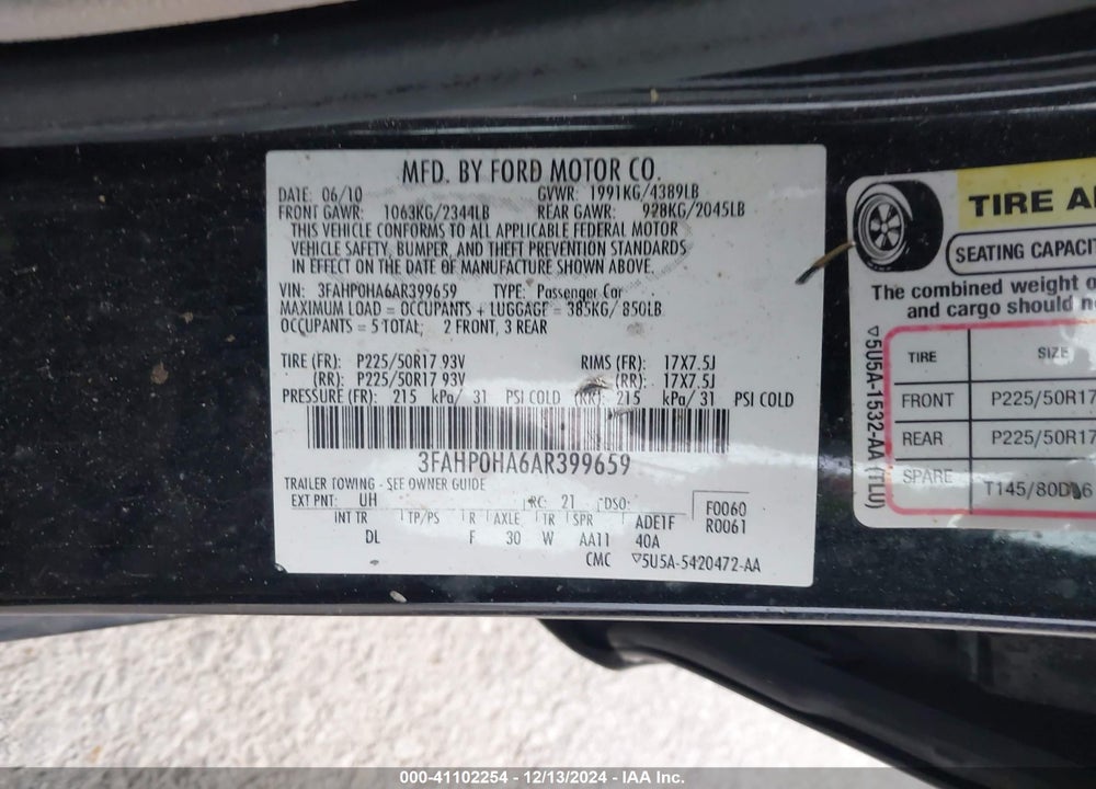 2010 FORD FUSION SE VIN: 3FAHP0HA6AR399659