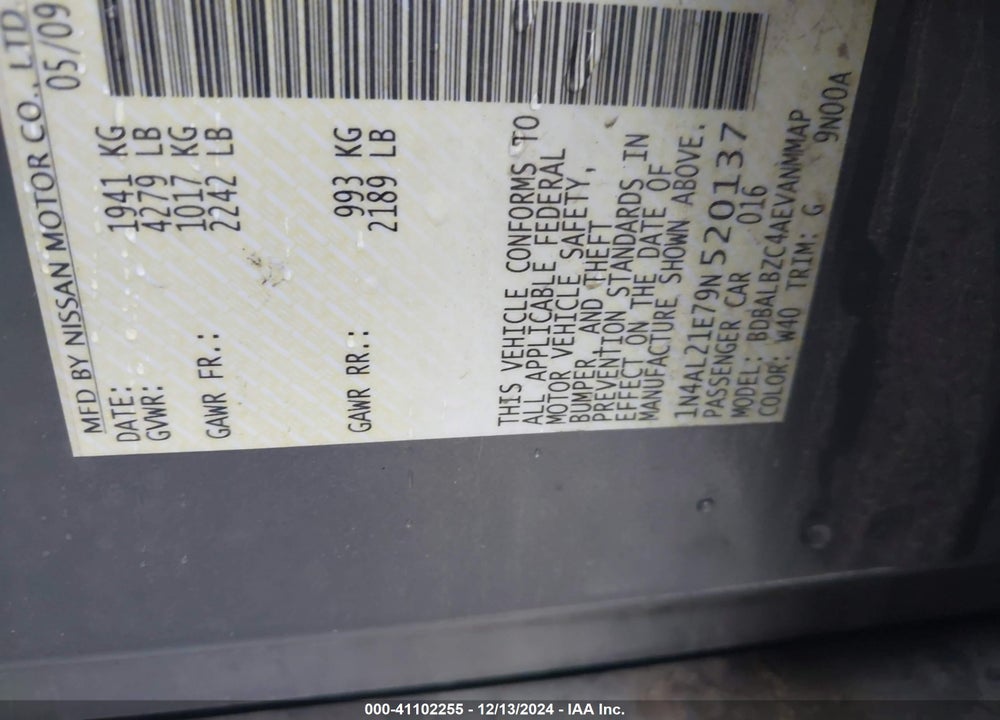 2009 NISSAN ALTIMA VIN: 1N4AL21E79N520137
