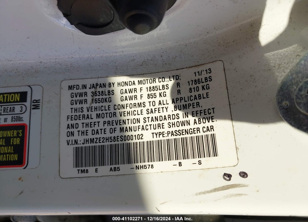 2014 HONDA INSIGHT LX VIN: JHMZE2H58ES000102