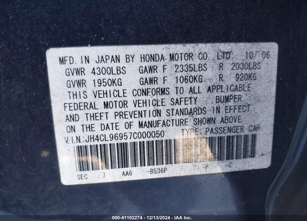 2007 ACURA TSX VIN: JH4CL96957C000050