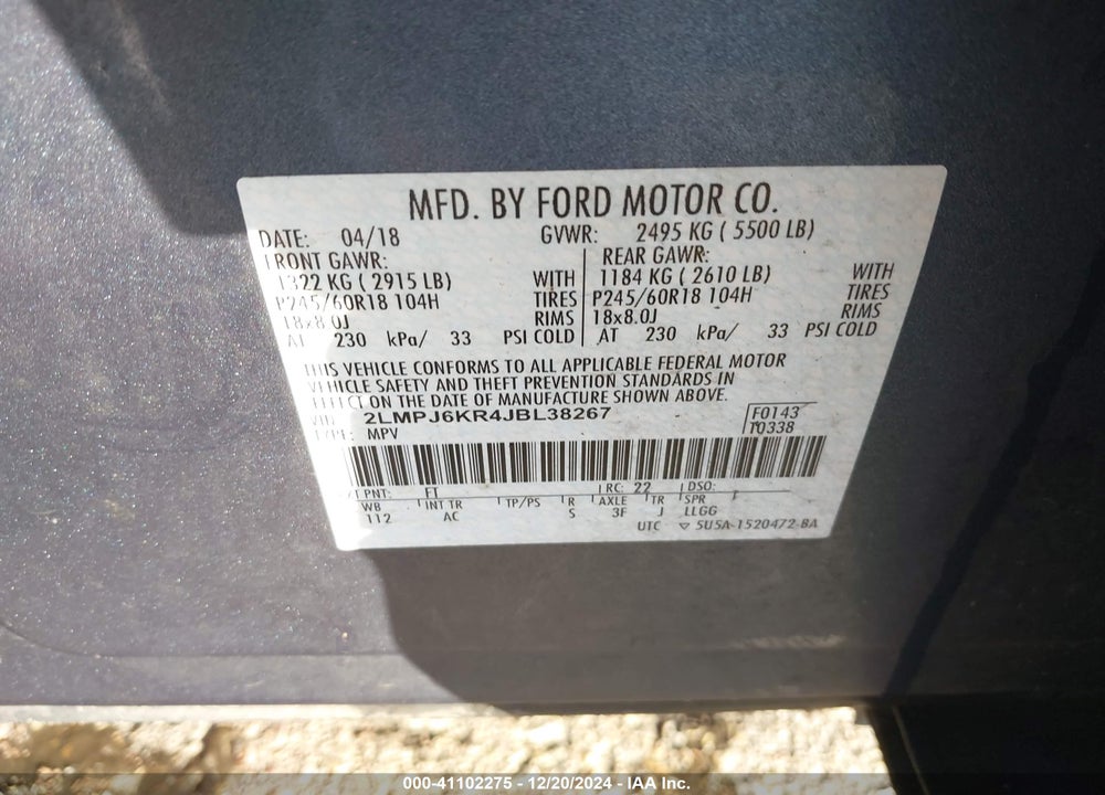 2018 LINCOLN MKX SELECT VIN: 2LMPJ6KR4JBL38267