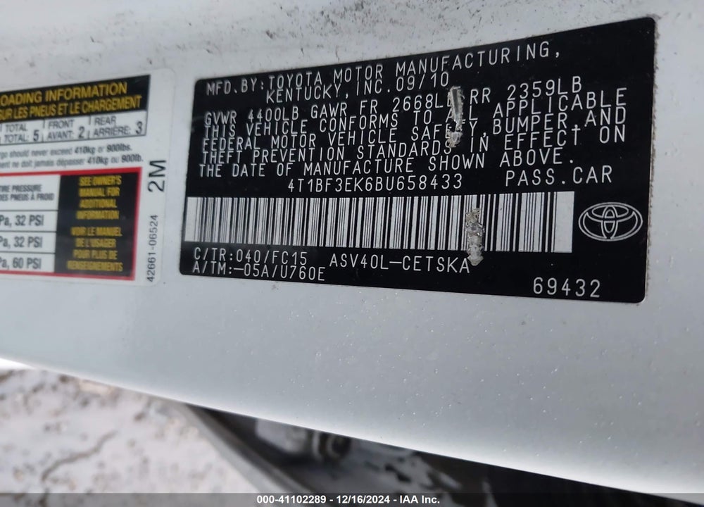 2011 TOYOTA CAMRY SE VIN: 4T1BF3EK6BU658433