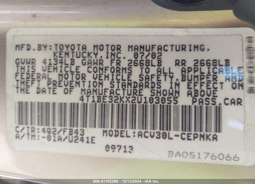 2002 TOYOTA CAMRY LE VIN: 4T1BE32KX2U103055