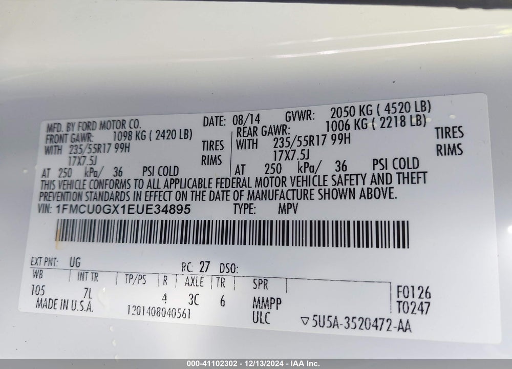 2014 FORD ESCAPE SE VIN: 1FMCU0GX1EUE34895