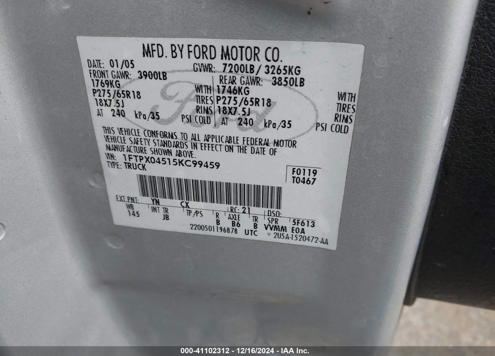 2005 FORD F-150 FX4/XLT VIN: 1FTPX04515KC99459