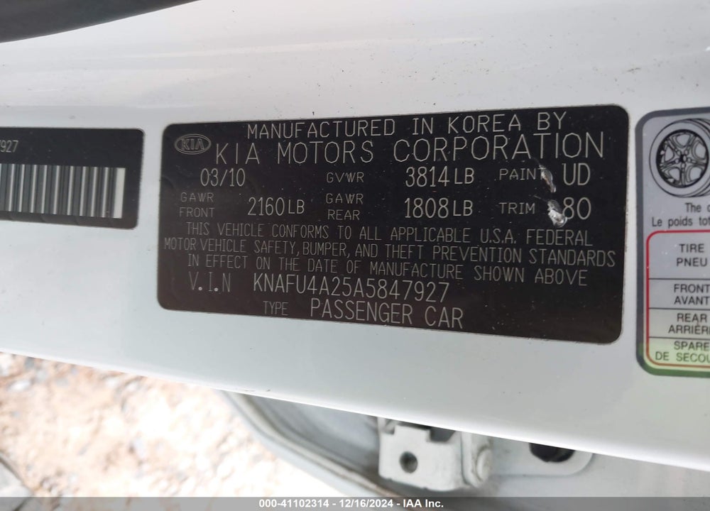2010 KIA FORTE VIN: KNAFU4A25A5847927