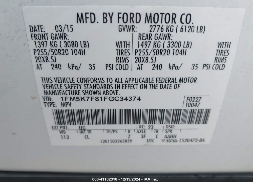2015 FORD EXPLORER LIMITED VIN: 1FM5K7F81FGC34374