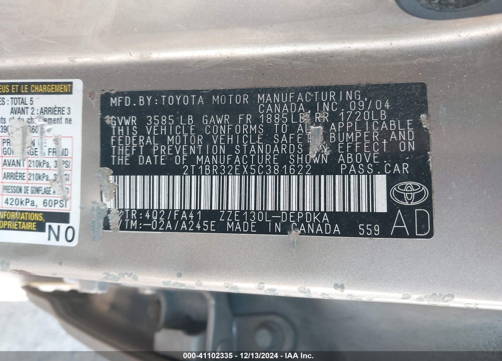 2005 TOYOTA COROLLA CE VIN: 2T1BR32EX5C381622