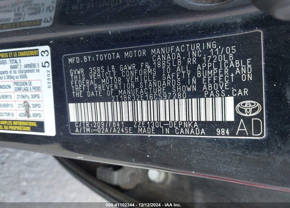2006 TOYOTA COROLLA LE VIN: 2T1BR32E16C597280