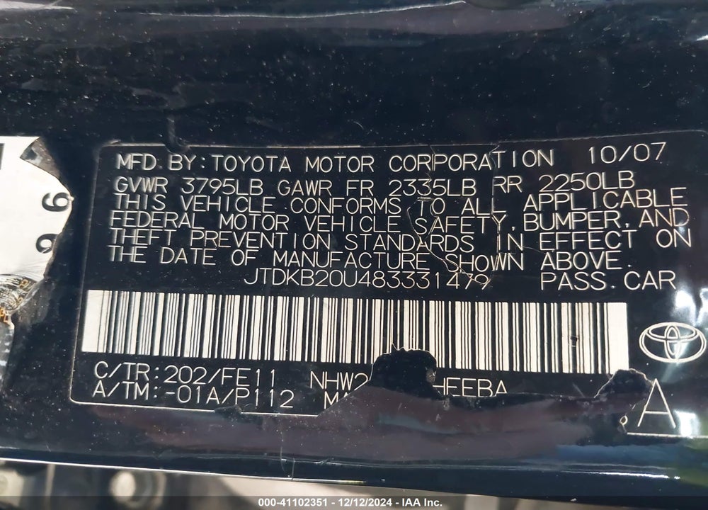 2008 TOYOTA PRIUS TOURING VIN: JTDKB20U483331479