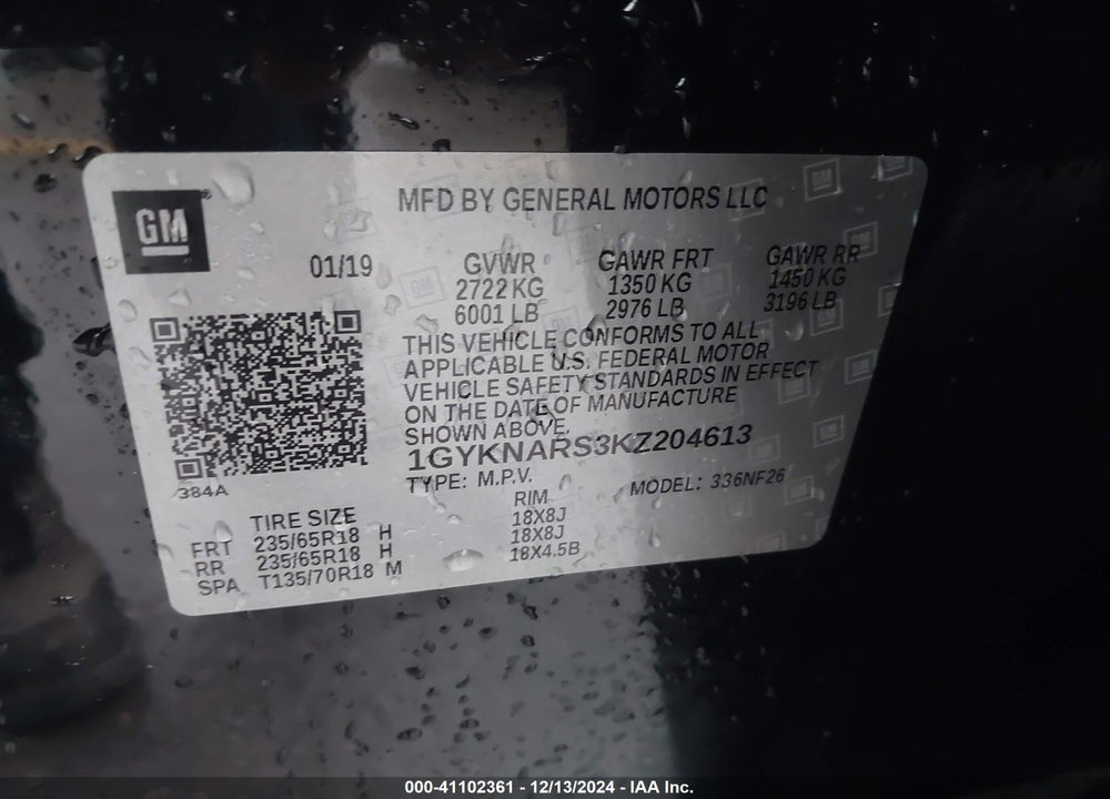 2019 CADILLAC XT5 STANDARD VIN: 1GYKNARS3KZ204613