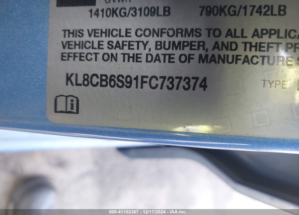 2015 CHEVROLET SPARK LS CVT VIN: KL8CB6S91FC737374