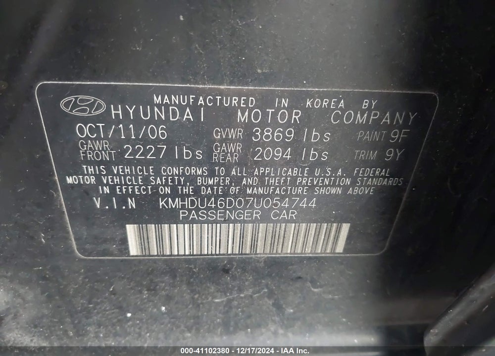 2007 HYUNDAI ELANTRA GLS/LIMITED/SE VIN: KMHDU46D07U054744