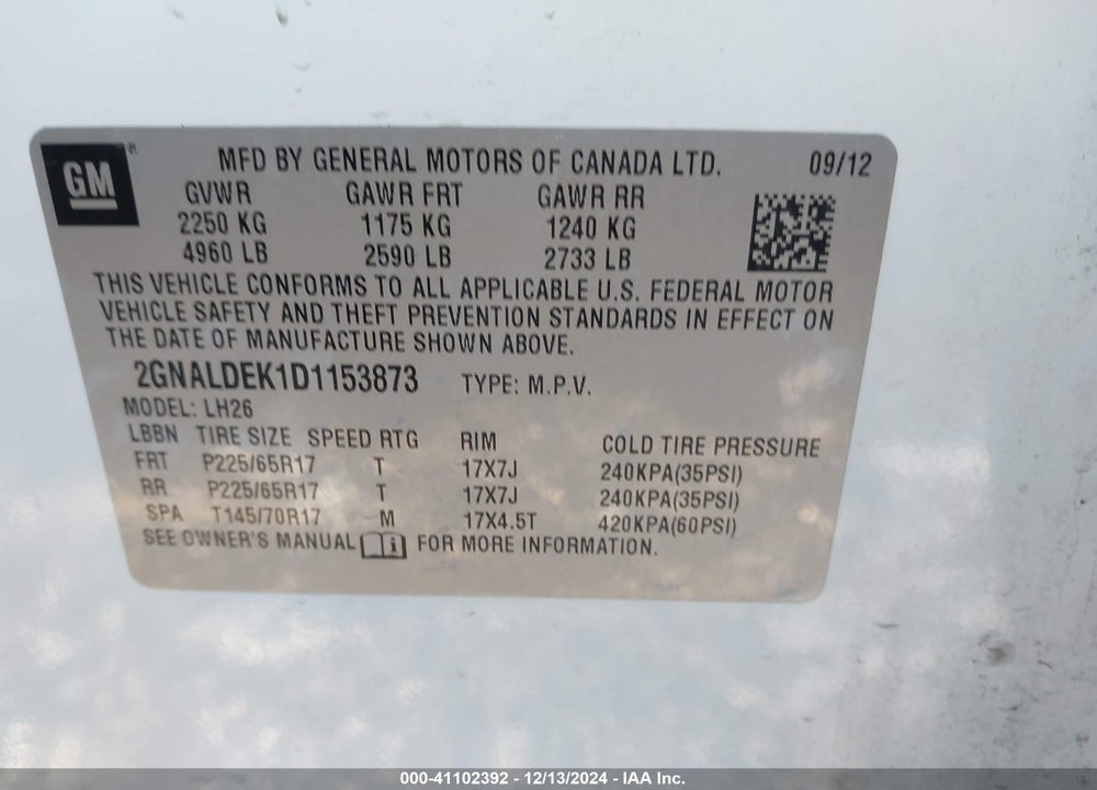 2013 CHEVROLET EQUINOX 1LT VIN: 2GNALDEK1D1153873