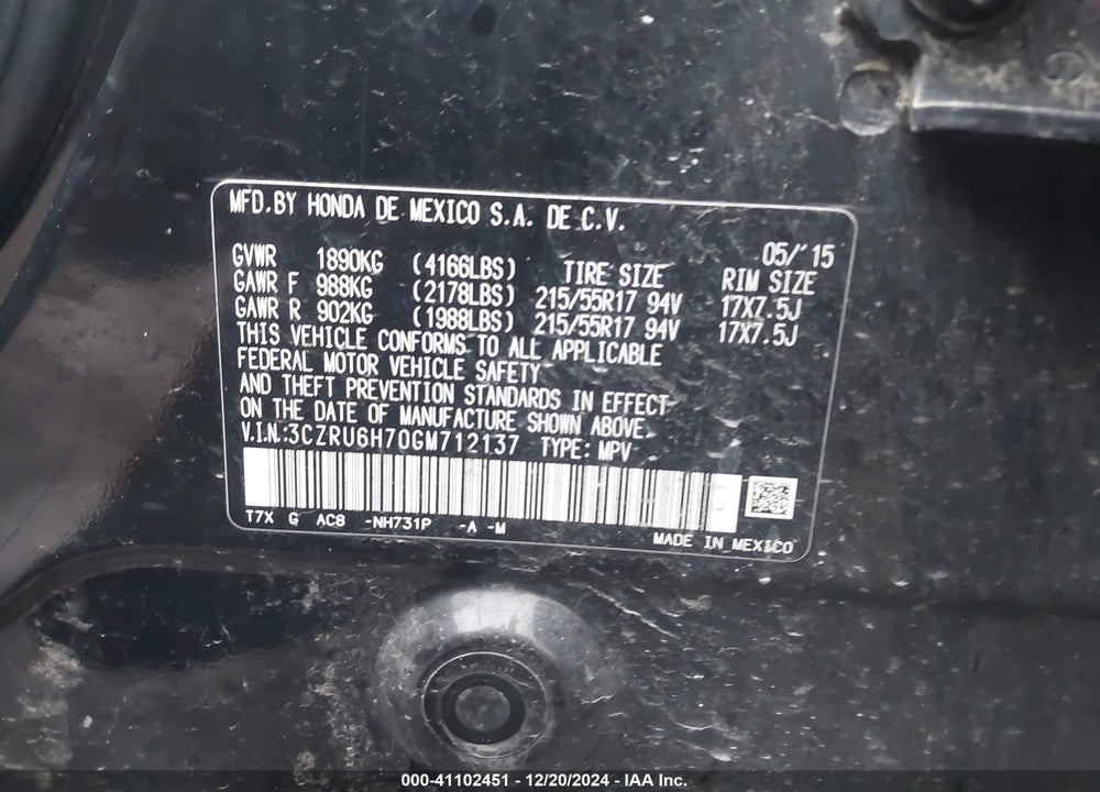 2016 HONDA HR-V EX-L VIN: 3CZRU6H70GM712137